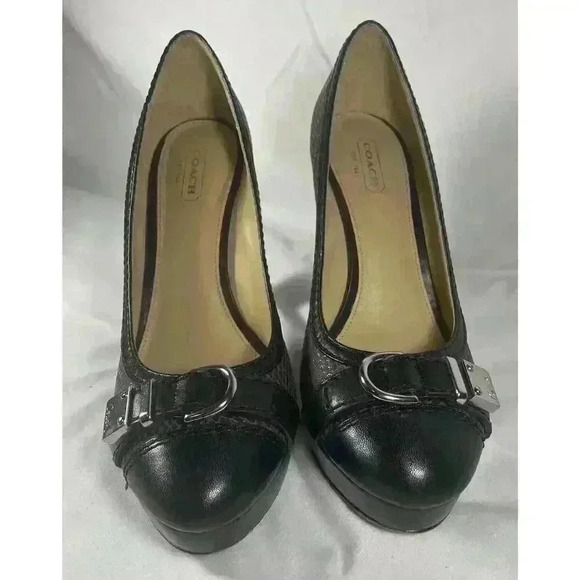 COACH Tinsley Pewter Platform Stack Heel Buckle Detail Size 8B - Picture 1 of 13